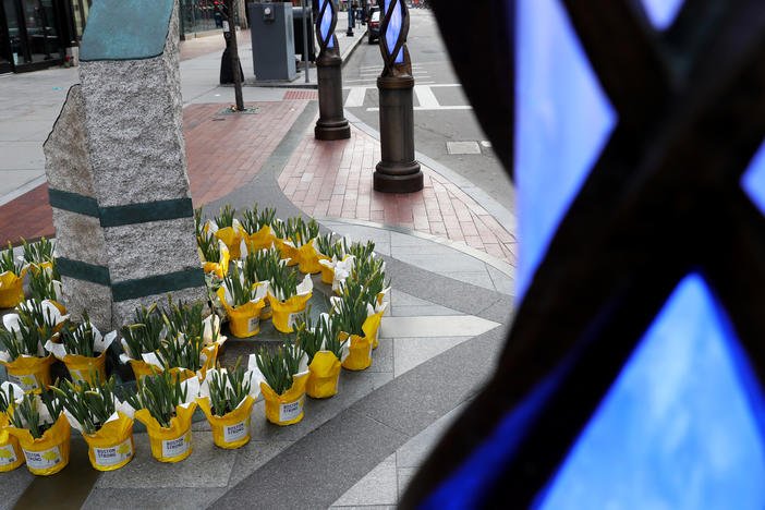 Flowers are placed at the memorial to the victims of the 2013 Boston Marathon bombings on April 20.