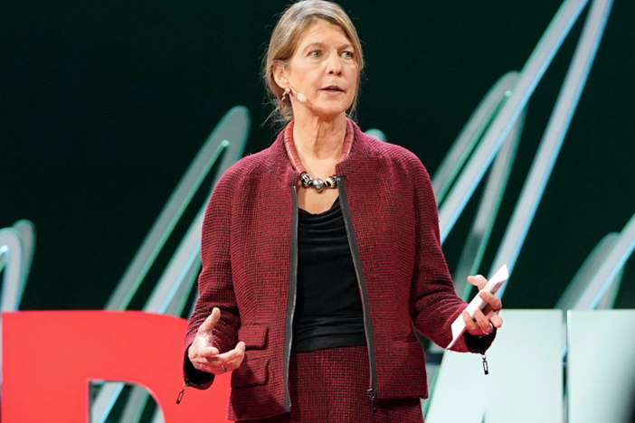 Heidi Larson speaks from the TED stage.