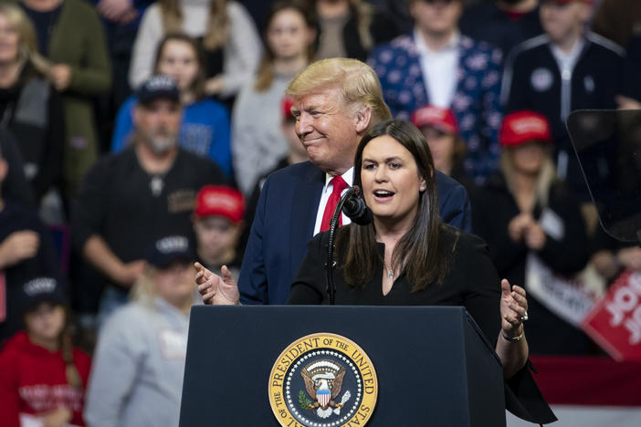 Sarah Huckabee Sanders, former White House press secretary, speaks as U.S. President Donald Trump listens during a rally in Des Moines, Iowa, on Jan. 30.