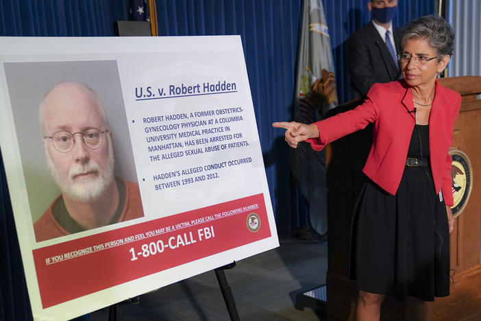 Audrey Strauss, acting U.S. attorney for the Southern District of New York, points to an image of Robert Hadden during a news conference Wednesday to announce his arrest and indictment.