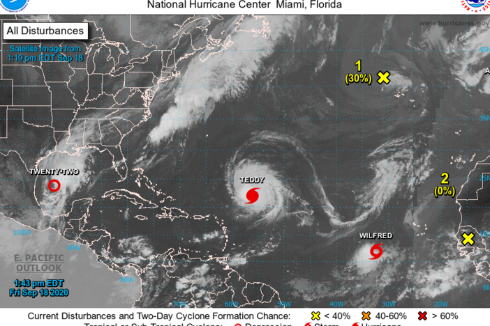 Satellite images of storms forming in the Atlantic Ocean. Tropical Storm Wilfred is the last named storm of the 2020 season using the English alphabet.