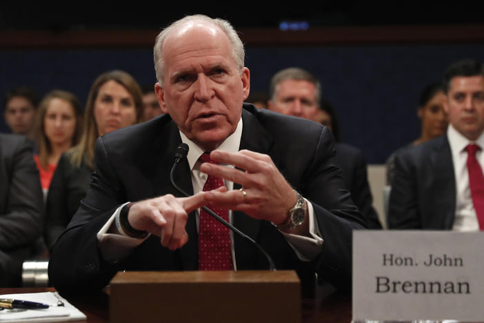 Former CIA Director John Brennan testifies on Capitol Hill in May 2017 before the House Intelligence Committee Russia Investigation Task Force.