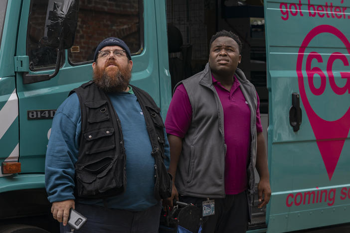 Broadband installers Gus (Nick Frost) and Elton (Samson Kayo) midnight as paranormal investigators in Amazon's <em>Truth Seekers.</em>