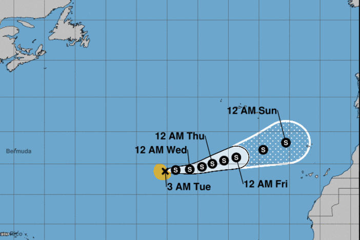 Forecast cone graphic for Subtropical Storm Theta, the 29th named storm of the 2020 hurricane season. Theta is not expected to reach the United States.
