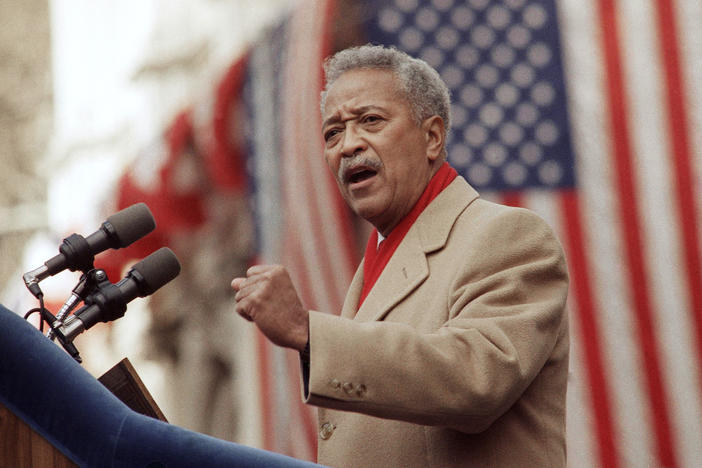 David Dinkins delivers his first speech as mayor of New York in 1990. Dinkins, New York City's first Black mayor, died Monday at 93.