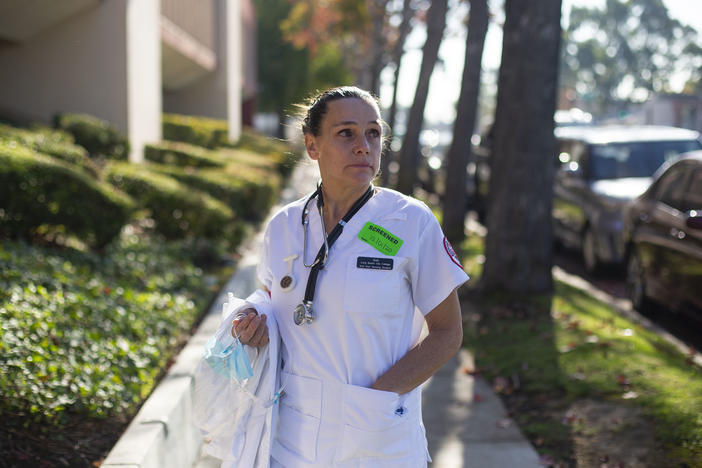 Student nurse Gail Powers outside the College Medical Center in Long Beach, Calif.