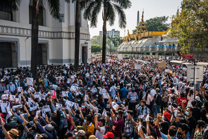 Protests continued on Monday in cities across Myanmar, including this one in Yangon, as people took to the streets to demand the release of de facto leader Aung San Suu Kyi and return to democratic rule following a military coup.