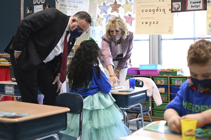 First lady Jill Biden and Education Secretary Miguel Cardona tour Benjamin Franklin Elementary School in Meriden, Conn.