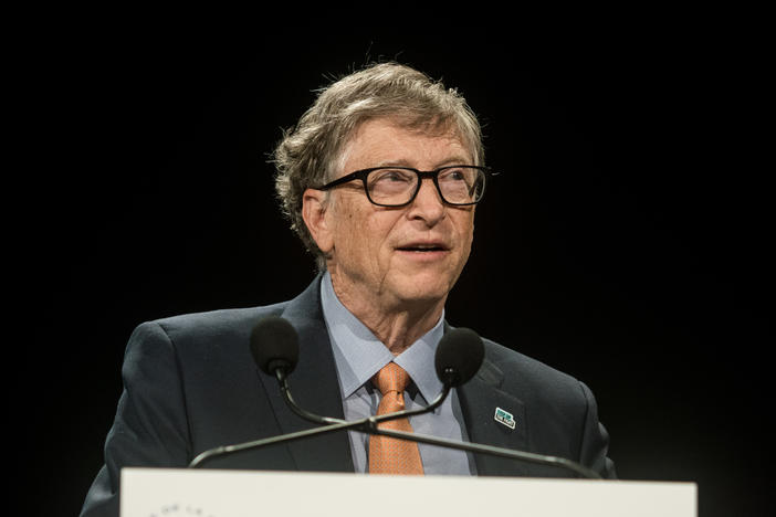 Bill Gates delivers a speech at the fundraising day at the Sixth World Fund Conference in Lyon, France, on Oct. 10, 2019.