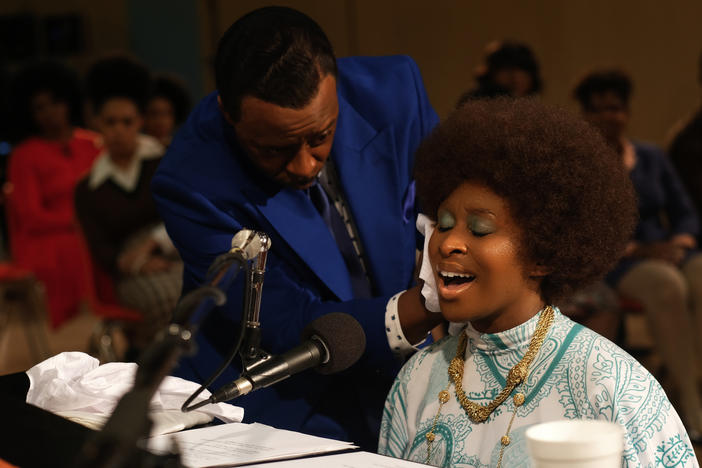 Courtney B. Vance, left, as C.L. Franklin, with Cynthia Erivo as Aretha Franklin, in a scene from the miniseries <em>Genius: Aretha </em>set at The New Temple Missionary Baptist Church.