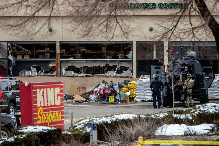 Tactical police units respond to the scene of a King Soopers grocery store after a shooting on March 22, 2021 in Boulder, Colorado.