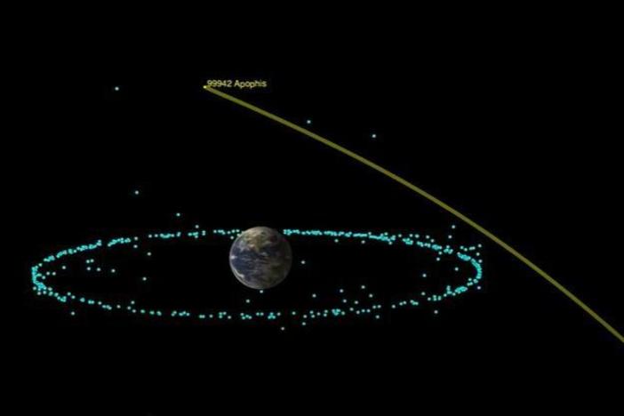 NASA's Jet Propulsion Lab shows the orbital trajectory of the asteroid Apophis as it will pass by Earth in 2029. This week the space agency announced that the asteroid poses no risk of impact to Earth within the next century.