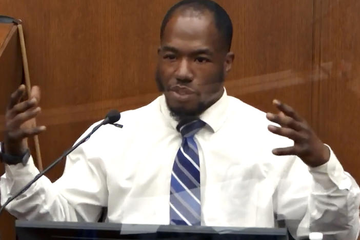 In this image from video, witness Donald Williams answers questions on Monday in the trial of former Minneapolis police officer Derek Chauvin in Minneapolis, Minn.