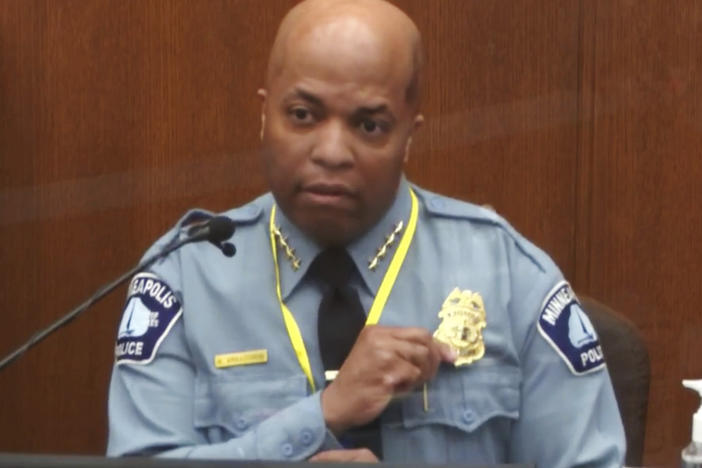 Minneapolis Police Chief Medaria Arradondo testifies Monday in a Hennepin County courtroom during the trial of former officer Derek Chauvin, who faces three criminal charges over the 2020 death of George Floyd.