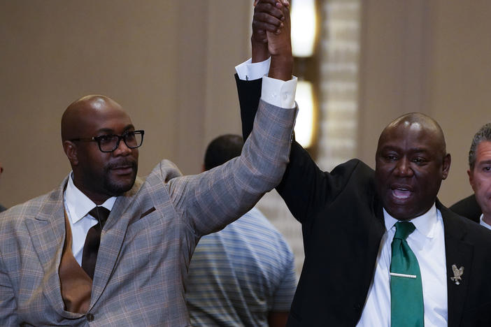 Philonise Floyd (left) and attorney Ben Crump react after a guilty verdict was announced at the trial of former Minneapolis police Officer Derek Chauvin for the murder of Floyd's brother George Floyd