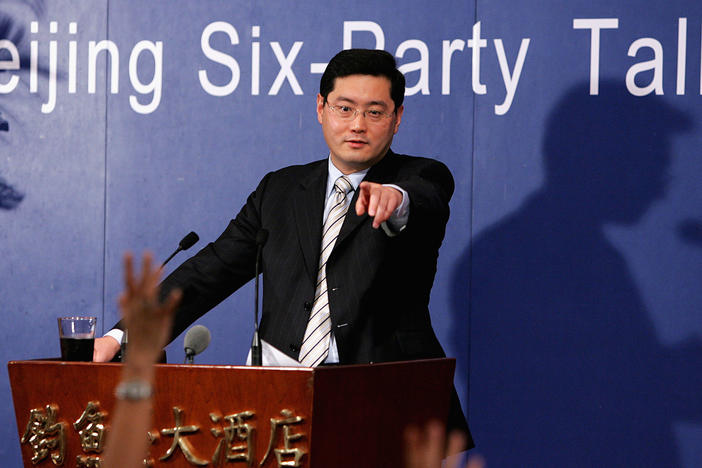 Qin Gang fields questions during a news conference around the Six-Party Talks on North Korea's nuclear program in Beijing in 2005. He served as spokesperson for the Chinese delegation.