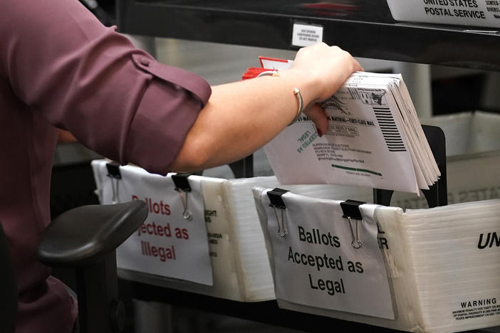 An election worker sorts vote-by-mail ballots at the Miami-Dade County Board of Elections in Doral, Fla., on Oct. 26, 2020. The Florida Legislature on Thursday approved a bill that would alter how residents can vote by mail.