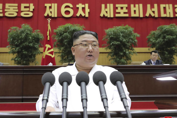 North Korean leader Kim Jong Un delivers a speech in Pyongyang on April 8. On Sunday, the North Korean government said President Biden made a "big blunder" last week when he called North Korea's and Iran's nuclear programs a security threat.