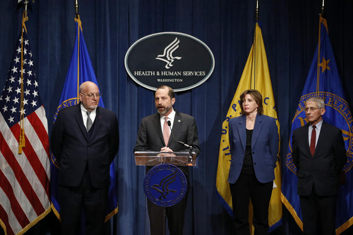 Dr. Nancy Messonnier joins other officials during an early coronavirus briefing in January 2020: Dr. Robert Redfield (left), then CDC director; Alex Azar (center), then Department of Health and Human Services secretary; and Dr. Anthony Fauci.