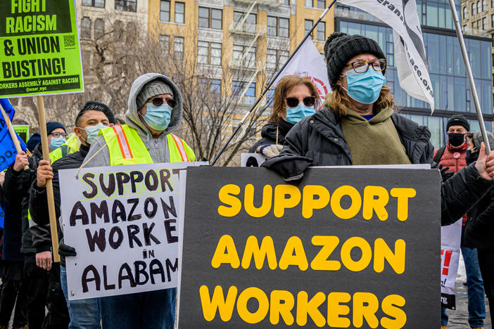 Members of the Workers Assembly Against Racism gather across from an Amazon-owned Whole Foods in New York City as part of a nationwide solidarity event with Amazon workers seeking to unionize in Bessemer, Ala., on Feb. 20.