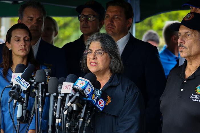 Miami-Dade County Mayor Daniella Levine Cava speaks during a press conference after a building partially collapsed in Surfside, Fla., on Thursday.