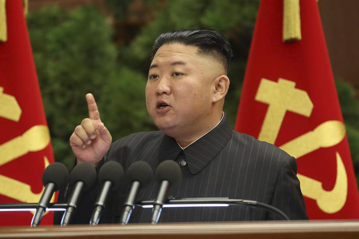 North Korean leader Kim Jong Un speaks during a Politburo meeting of the ruling Workers' Party on Tuesday in Pyongyang.