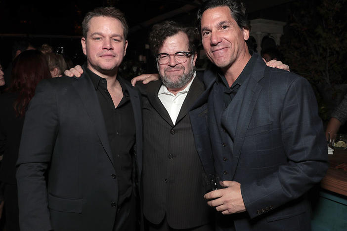 Lawyer Mathew Rosengart (right), with actor Matt Damon and Kenneth Lonergan at a party in Los Angeles in 2016 in Los Angeles, California.
