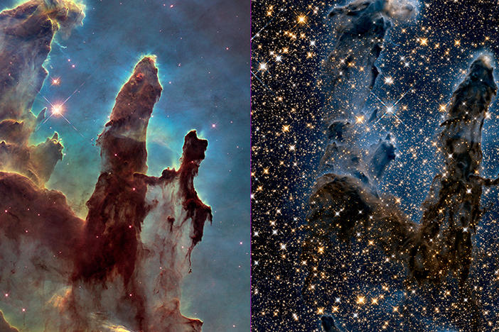 Images of the Eagle Nebula show the Hubble Space Telescope's ability to capture pictures in both visible (left) and infrared (right) light. NASA is celebrating the successful restart of the telescope's payload computer, opening the door to more observations.