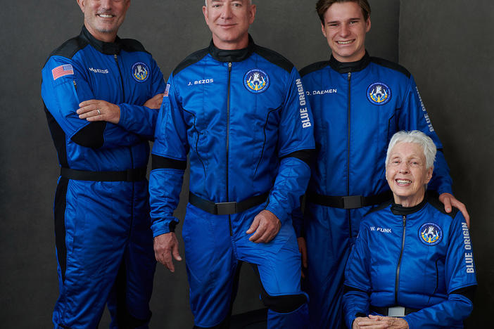 Besides Bezos, the crew included brother Mark Bezos (left), 18-year-old physics student Oliver Daemen and 82-year-old pioneering female aviator Wally Funk.