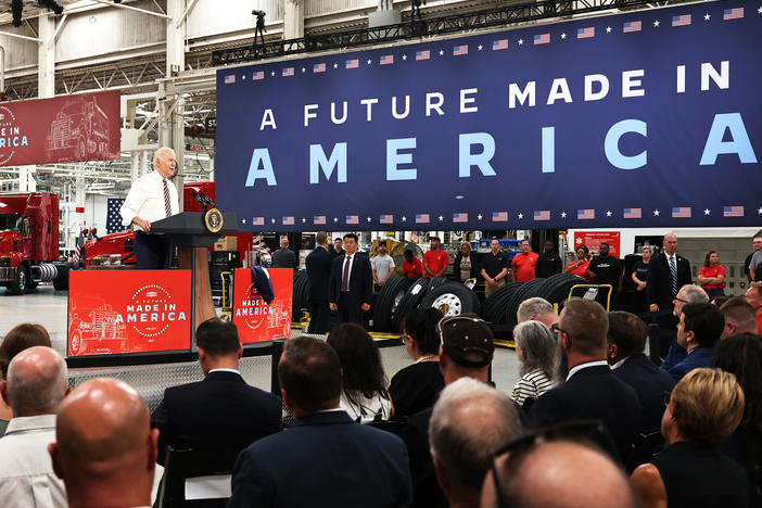 President Biden speaks Wednesday at a Mack Trucks facility in Macungie, Pa., about the importance of U.S. manufacturing and buying products made in America.
