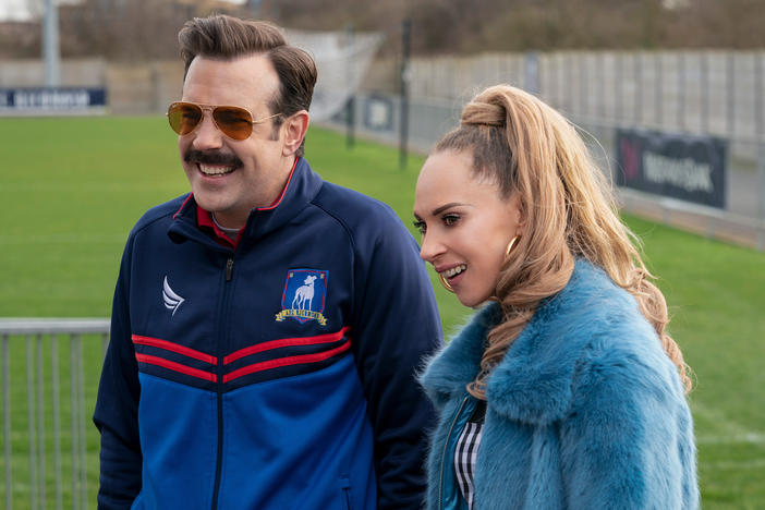 Jason Sudeikis and Juno Temple as Ted and Keeley in <em>Ted Lasso</em>.