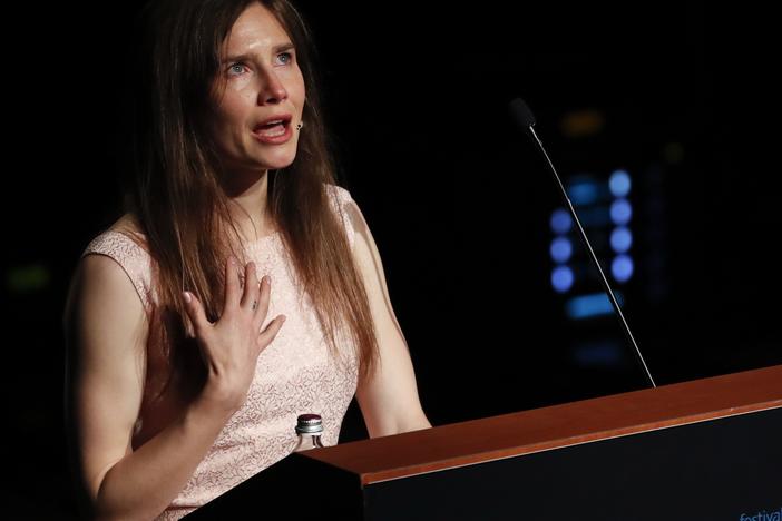 Amanda Knox speaks at a Criminal Justice Festival at the University of Modena in 2019.