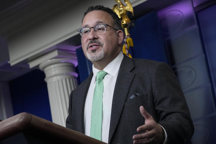 U.S. Education Secretary Miguel Cardona speaks at a March briefing at the White House.