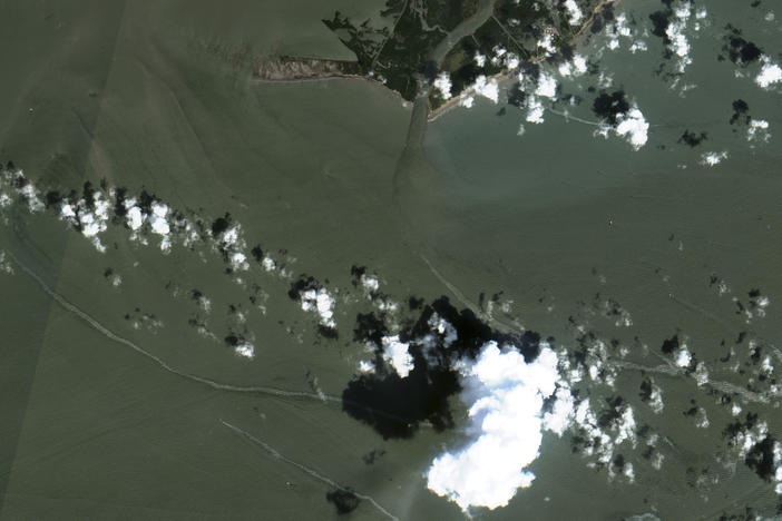 In a satellite image, an oil slick is shown on Sept. 2, south of Port Fourchon, La., following Hurricane Ida.