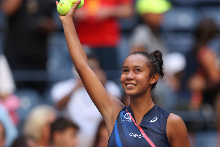 Leylah Fernandez of Canada celebrates after winning her quarterfinals match at the USTA Billie Jean King National Tennis Center in New York on Tuesday. The 19-year-old is the youngest woman in the U.S. Open semifinals in nearly two decades.