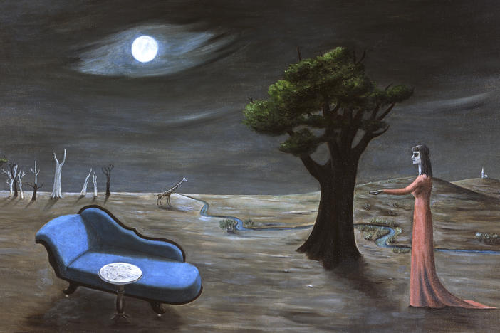 A 1951 oil painting by Gertrude Abercrombie entitled <em>Search for Rest</em>. Collection of Sandra and Bram Dijkstra.