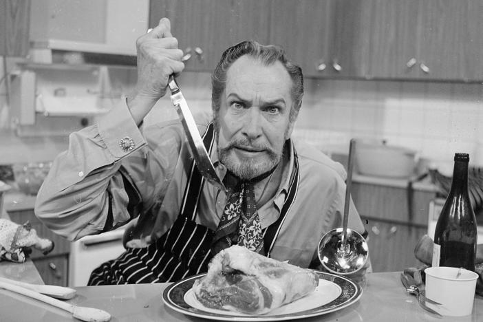 Actor Vincent Price, master of campy scares, at a British TV studio in 1970.