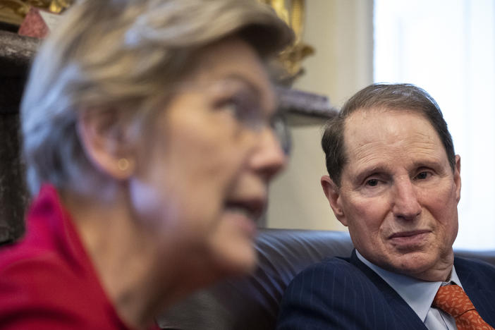 Sens. Elizabeth Warren, D-Mass., and Ron Wyden, D-Ore., speak to reporters Tuesday about a corporate minimum tax plan. On Wednesday Wyden unveiled another tax proposal, this one aimed at billionaires.