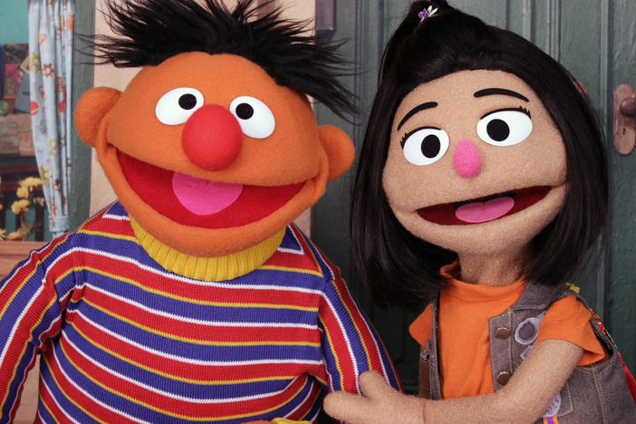 Ernie, a muppet from the popular children's series "Sesame Street," appears with new character Ji-Young, the first Asian American muppet, on the set of the long-running children's program in New York on Nov. 1, 2021.