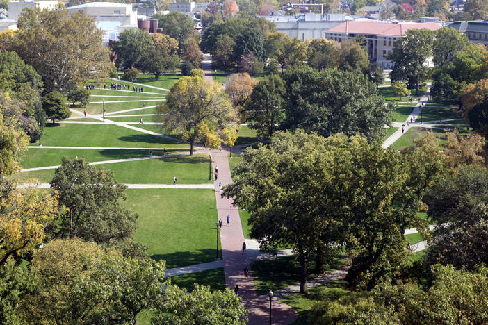 An aerial view of The Oval on the campus of the Ohio State University in Columbus, Ohio.