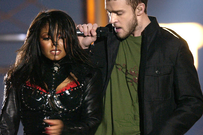 Justin Timberlake and Janet Jackson during their performance at the Super Bowl halftime show in 2004.