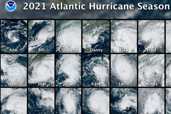 Year book: All 21 named storms from the busy 2021 Atlantic hurricane season are seen in a composite image from NOAA's GOES East satellite.