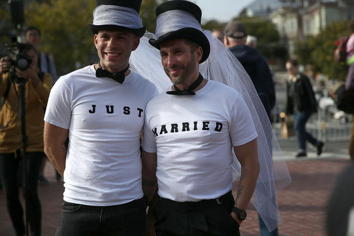 Same-sex marriage supporters wear "Just married" shirts while celebrating the U.S Supreme Court ruling regarding same-sex marriage on June 26, 2015 in San Francisco.