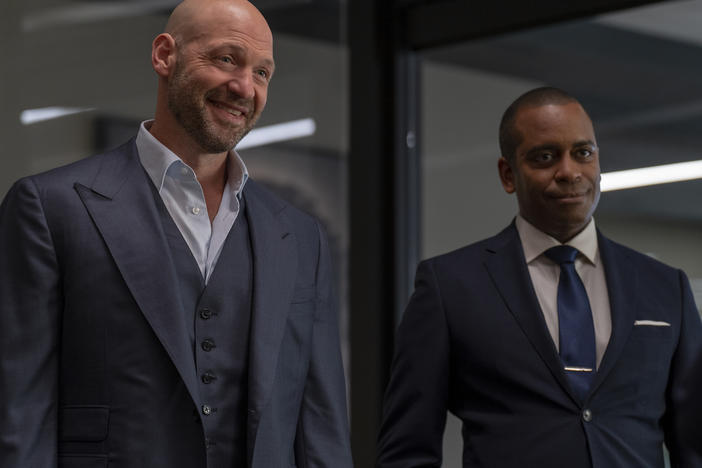 Corey Stoll as Michael "Mike" Prince and Daniel Breaker as Roger "Scooter" Dunbar in <em>Billions</em>.