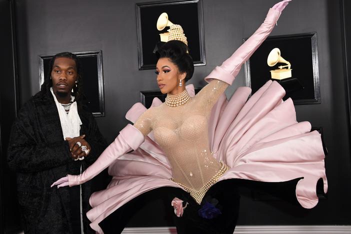 Rapper Cardi B wears a Thierry Mugler design as she arrives with rapper Offset at the Grammy Awards in 2019.