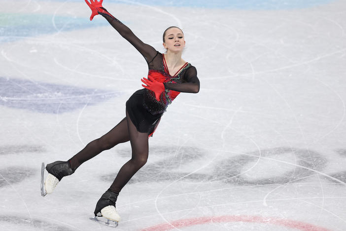 Kamila Valieva skates during the women single skating free skating team event. She is the first woman to land a quad jump in Olympic history.