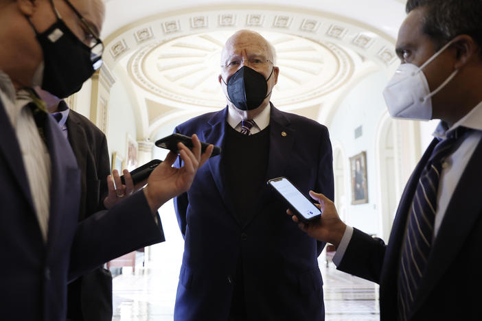 Sen. Patrick Leahy, D-Vt., chair of the Appropriations Committee, talks to reporters at the U.S. Capitol on Jan. 31. Congress returned from a weeklong recess to take up a number of issues, including a government funding deadline on Feb. 18.