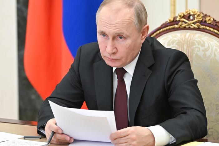 Russian President Vladimir Putin attends a meeting on economic issues via videoconference in Moscow on Thursday.