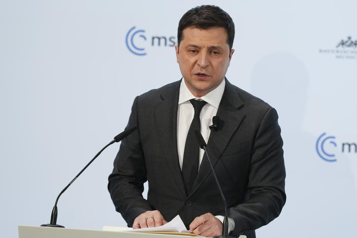 Ukrainian President Volodymyr Zelenskyy speaks during the Munich Security Conference in Germany on Saturday. He proposed a meeting with Russian President Vladimir Putin amid heightened tensions between their two countries.