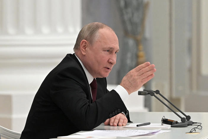 Russian President Vladimir Putin chairs a meeting with members of his security council in Moscow on Monday.